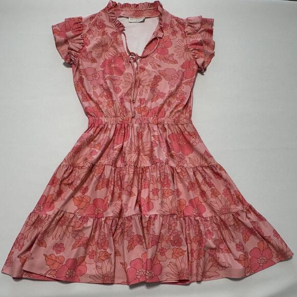 Smith & Quinn Dresses & Skirts - SMITH & QUINN High smocked/ruffled split 60’s Retro Pink Floral Dress Size XSm
